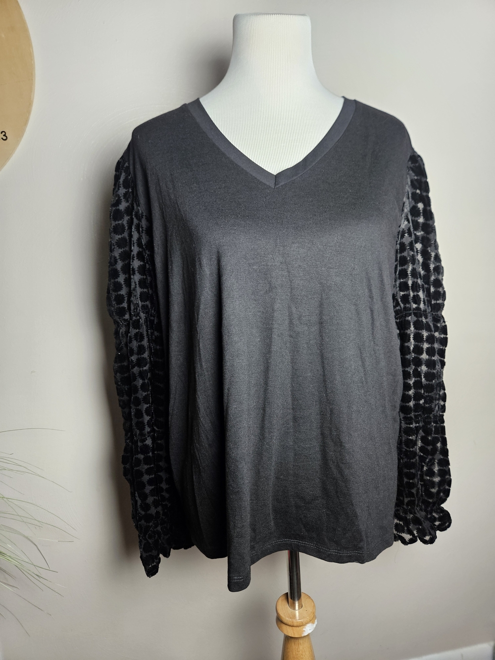 Southern Grace Black V-Neck Top with Velvet Dot Sleeves